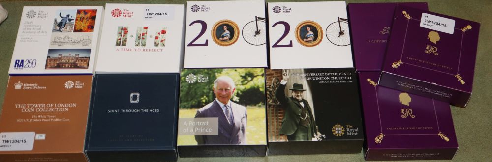 Eleven Royal Mint UK £5 Silver Proof Coins,